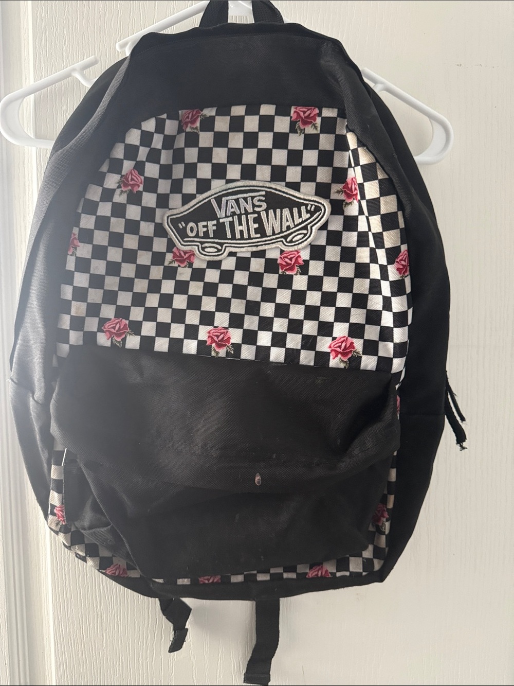 Vans Black Checkerboard Backpack with Pink Rose Accents